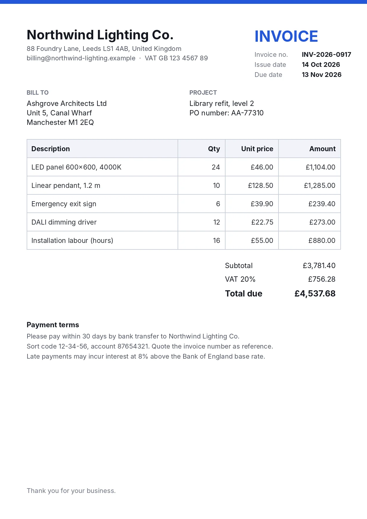 Sample invoice from Northwind Lighting Co with a five-row line-item table and totals