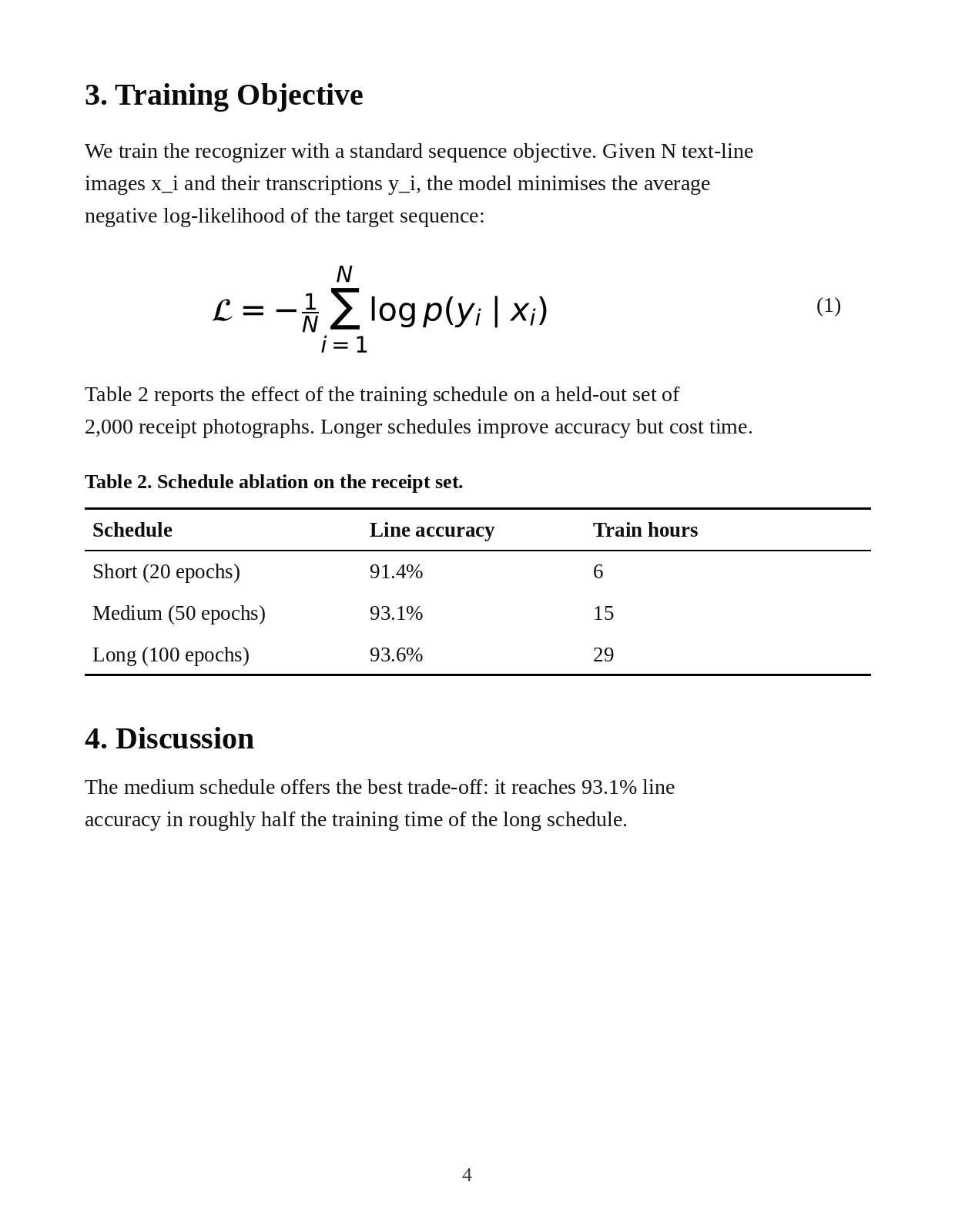 Sample academic paper page with a numbered formula, a three-row results table and two sections