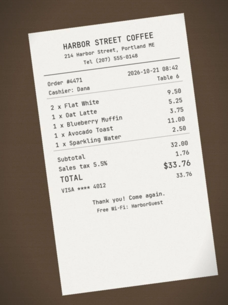 The same receipt photographed at an angle on a wooden table