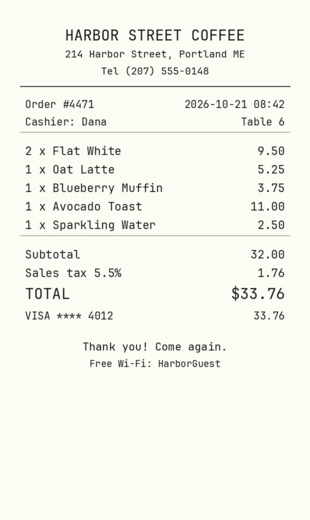 Coffee shop receipt in a monospaced font